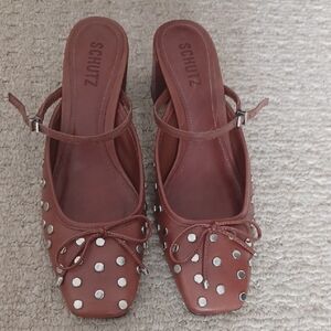SCHUTZ Arissa Block Heel Tan Studded Mules